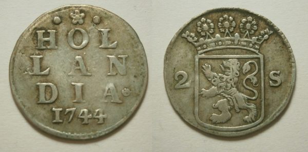Holland Dubbele wapenstuiver 1744 over 33 (niet in CNM)